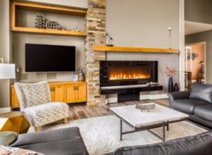 Roaring fire in a stylish electric fireplace in Washington, DC