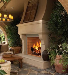 Outdoor fireplace with stone design by Bromwells The Fireplace People, serving Washington, DC.  