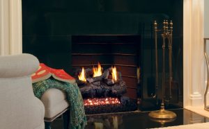 A cozy fireplace with a crackling fire at Bromwell's The Fireplace People in Washington, D.C.